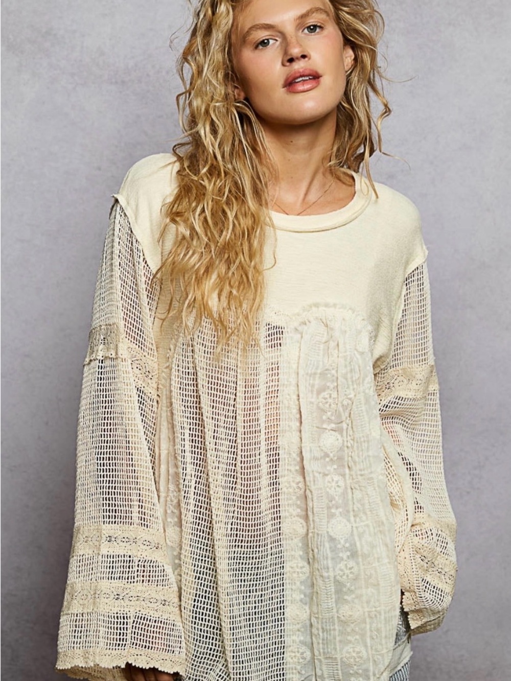 POL Lace Me Later Mesh Bell Sleeve Blouse Cream